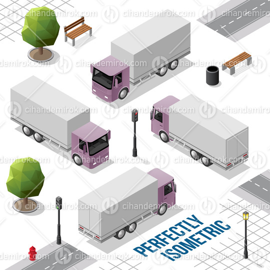 Purple Isometric Big Truck from the Front Back Right and Left Vi