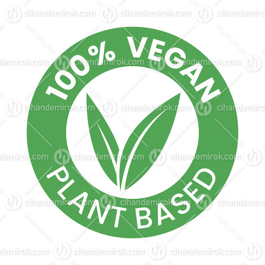 %100 Vegan Plant Based Round Icon with Green Leaves