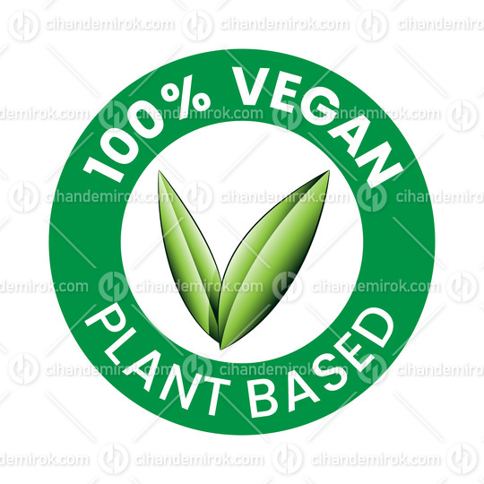 %100 Vegan Plant Based Round Icon with Green Shaded Leaves