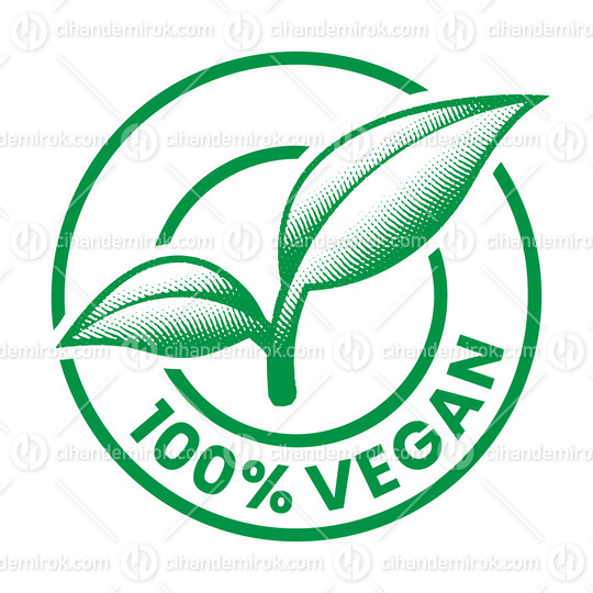 100% Vegan Round Engraved Icon with 2 Green Leaves - Icon 5