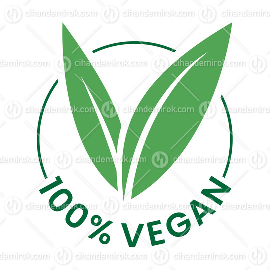 %100 Vegan Round Icon with Green Leaves and Dark Green Text - Ic