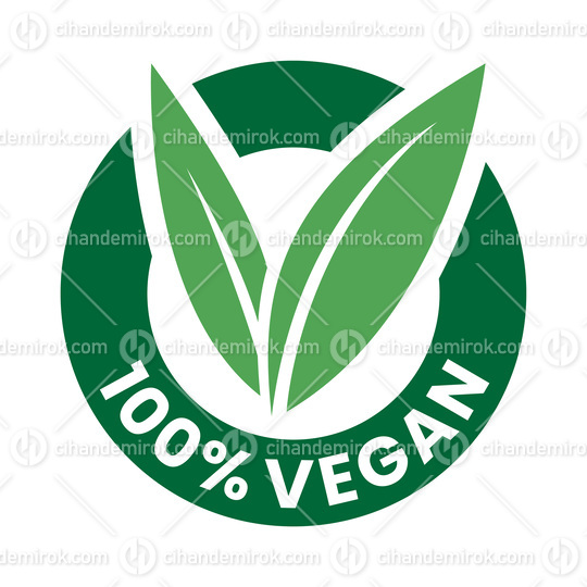 %100 Vegan Round Icon with Green Leaves and Dark Green Text - Ic