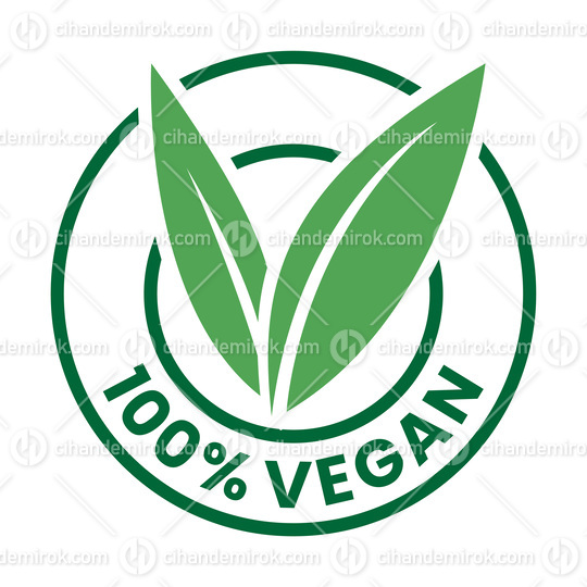 %100 Vegan Round Icon with Green Leaves and Dark Green Text - Ic