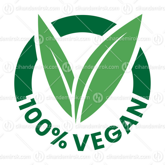 %100 Vegan Round Icon with Green Leaves and Dark Green Text - Ic