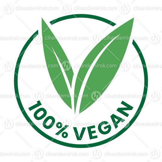 %100 Vegan Round Icon with Green Leaves and Dark Green Text - Ic