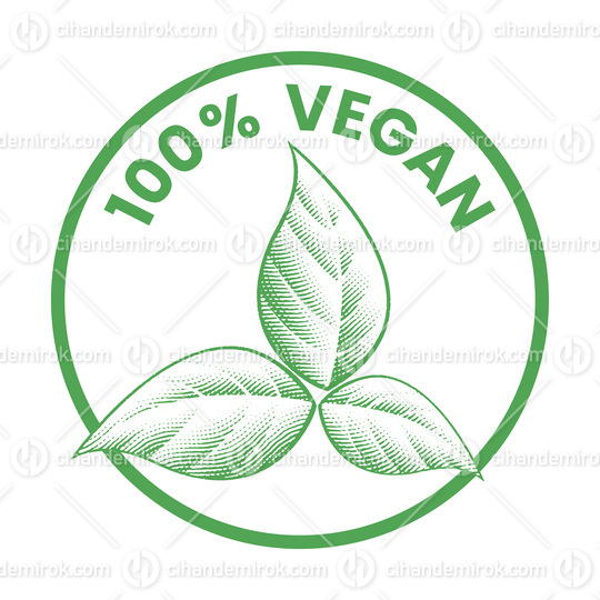 100% Vegan Round Icon with Shaded Engraved Green Leaves - Icon 9