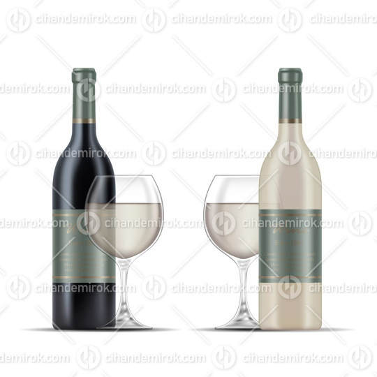 2 Glasses of White Wine and Wine Bottles