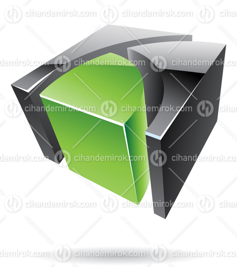 3d Abstract Glossy Metallic Logo Icon of Black and Green Cube Shape