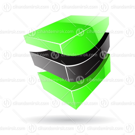 3d Abstract Glossy Metallic Logo Icon of Black and Green Wave Shape