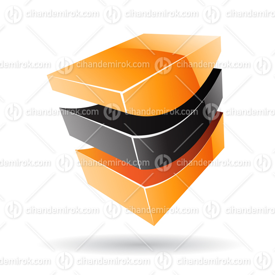 3d Abstract Glossy Metallic Logo Icon of Black and Orange Wave Shape 