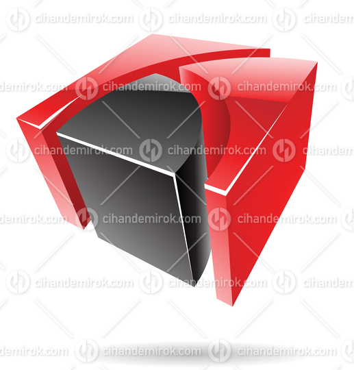 3d Abstract Glossy Metallic Logo Icon of Black and Red Cube Shape
