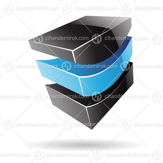 3d Abstract Glossy Metallic Logo Icon of Blue and Black Wave Shape 