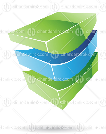 3d Abstract Glossy Metallic Logo Icon of Blue and Green Wave Shape