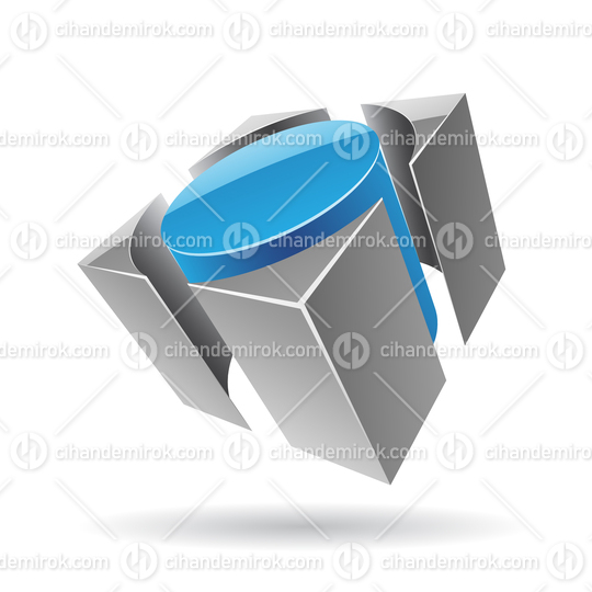 3d Abstract Glossy Metallic Logo Icon of Blue and Grey Cylinder Shape 