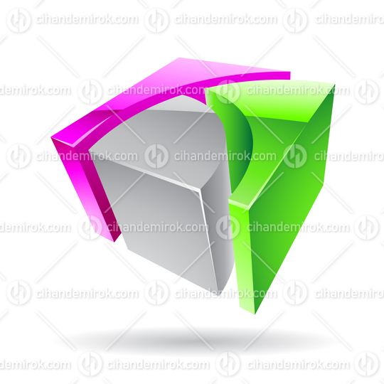 3d Abstract Glossy Metallic Logo Icon of Grey Magenta and Green Cube Shape