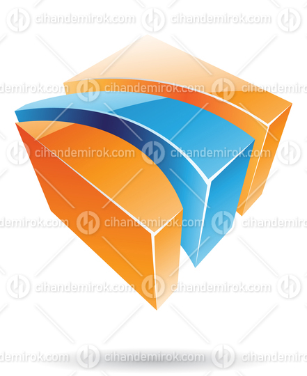 3d Glossy Abstract Metallic Logo Icon of Blue and Orange Striped Shape 