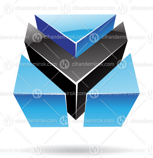3d Glossy Metallic Abstract Logo Icon of Black and Blue Arrow Shape