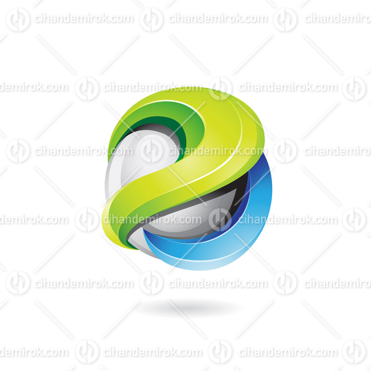 3d Grey Sphere Wrapped up with Green and Blue Shiny Curvy Shapes