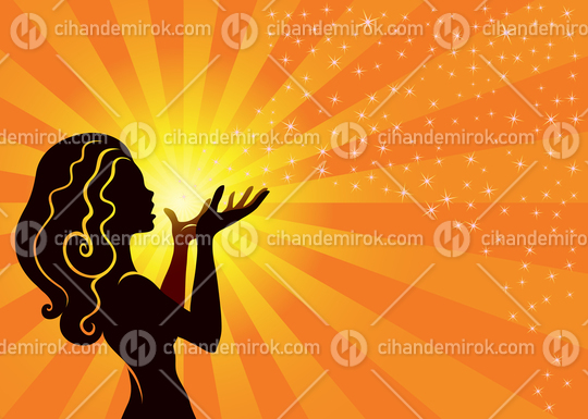 A Fairy Girl Blowing Stardust Over an Orange Background