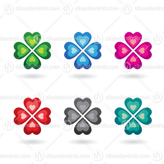 Abstract Colorful Heart Shaped Four Leaf Clover Icons