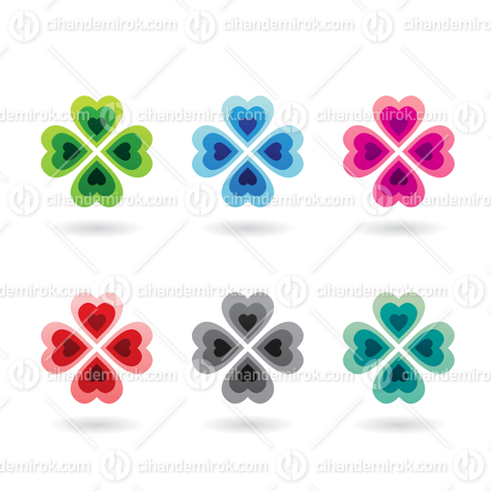Abstract Colorful Icons of Heart Shaped Four Leaf Clovers