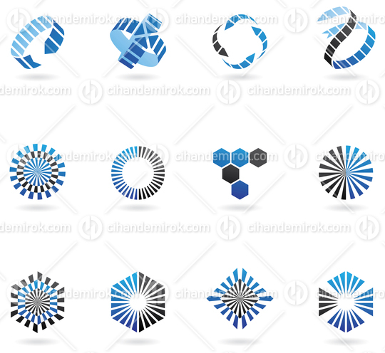 Abstract Icons of Blue and Black Arrows, Hexagons and Circles