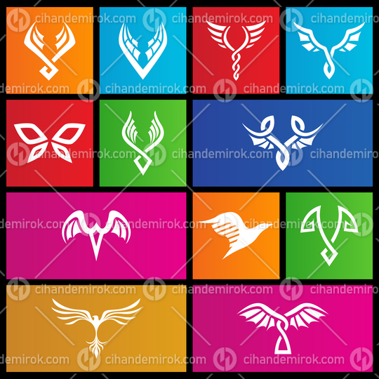 Abstract Wings Icons on Colorful Square Shapes