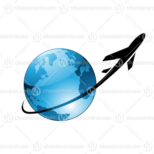 Airplane Flying Around a Blue Glossy Globe