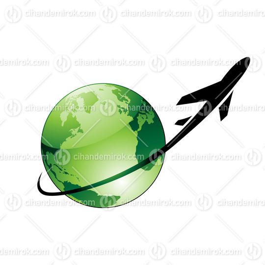 Airplane Flying Around a Green Glossy Globe
