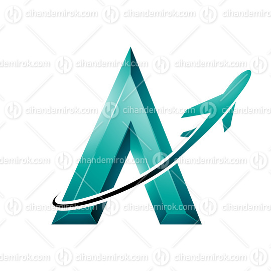 Airplane Flying Around a Persian Green Embossed Letter A
