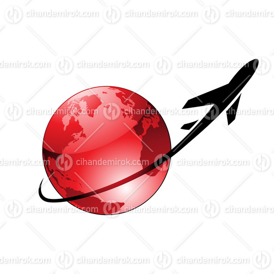 Airplane Flying Around a Red Glossy Globe