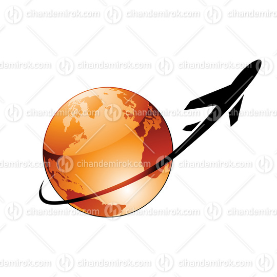 Airplane Flying Around an Orange Glossy Globe