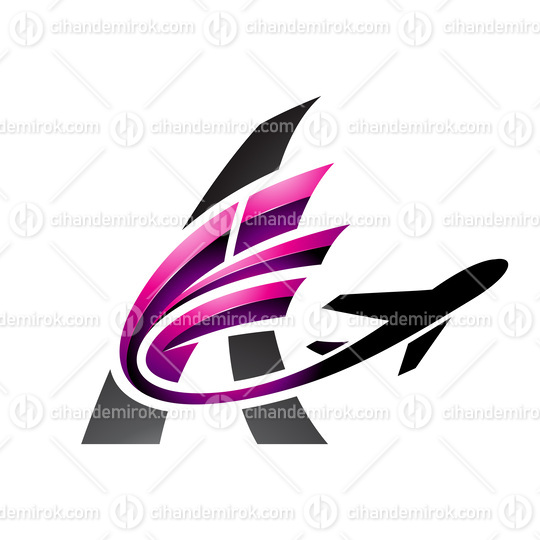 Airplane with Glossy Tail Flying Over a Black Letter A