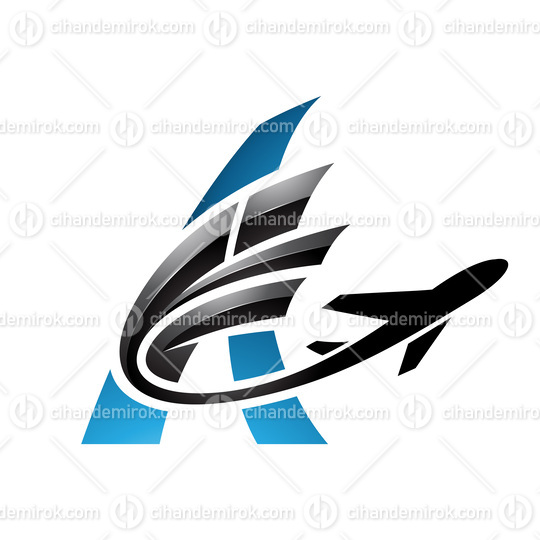 Airplane with Glossy Tail Flying Over a Blue Letter A
