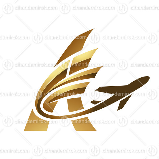 Airplane with Glossy Tail Flying Over a Golden Letter A