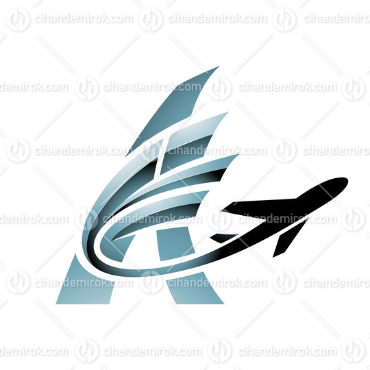 Airplane with Glossy Tail Flying Over a Grey Letter A