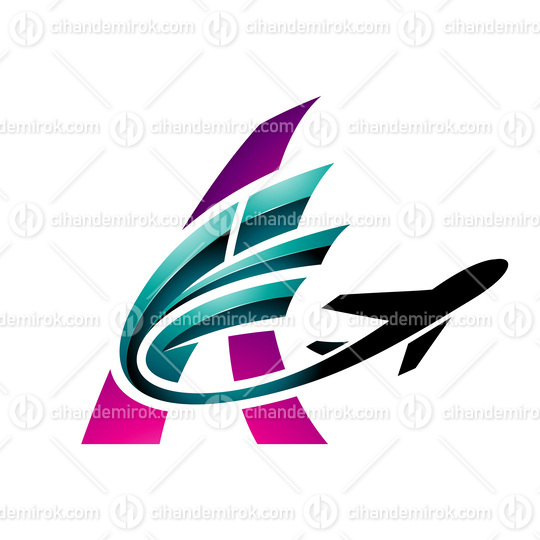 Airplane with Glossy Tail Flying Over a Magenta Letter A