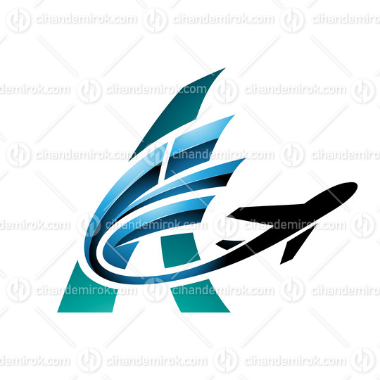Airplane with Glossy Tail Flying Over a Persian Green Letter A