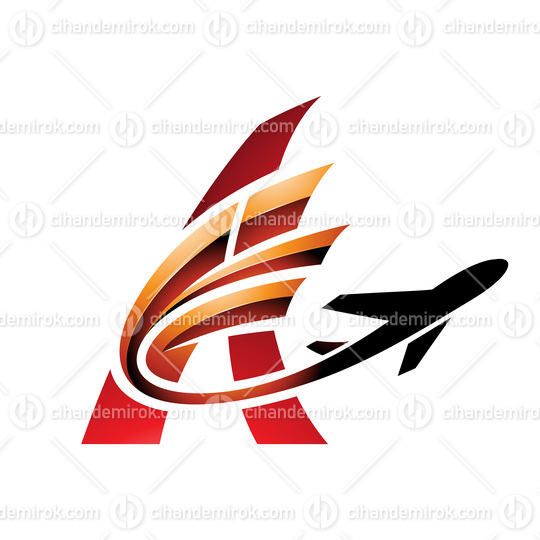 Airplane with Glossy Tail Flying Over a Red Letter A