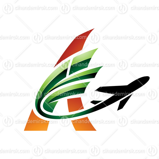 Airplane with Glossy Tail Flying Over an Orange Letter A