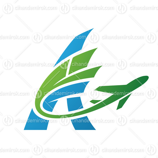 Airplane with Green Tail Flying Over a Blue Letter A