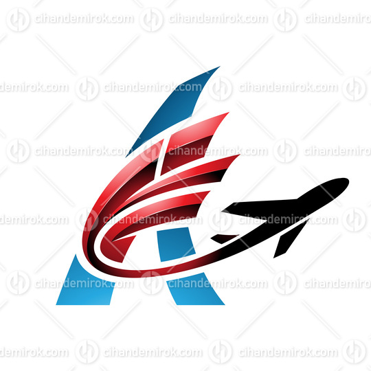 Airplane with Red Glossy Tail Flying Over a Blue Letter A