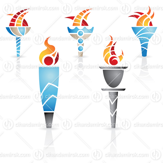Ancient Blue and Grey Torches with Fire and Reflections