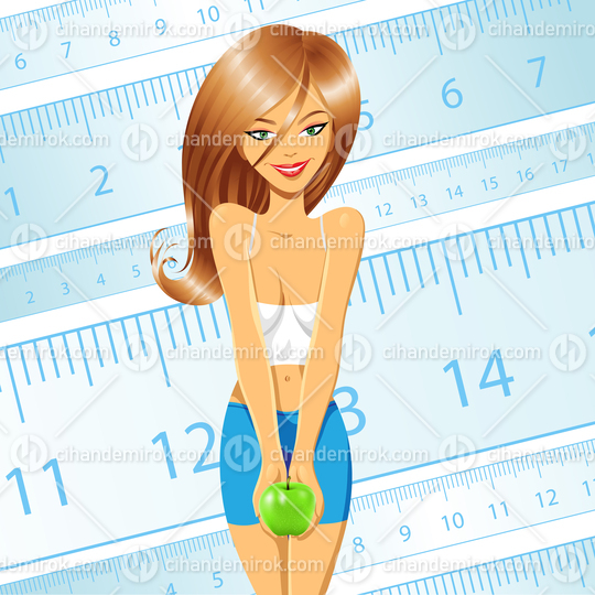 Beautiful Young Diet Girl Holding a Green Apple in front of Tape Measures