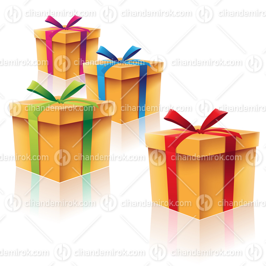 Beige Cardboard Gift Boxes with Colorful Ribbons and Reflections
