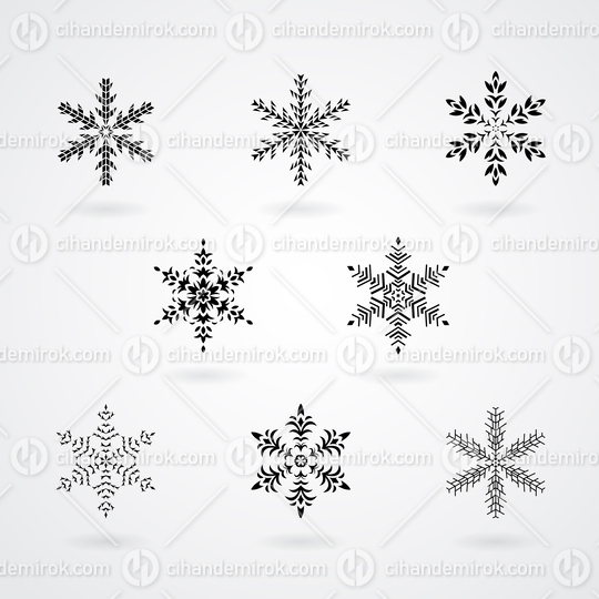 Black Abstract Icons of Snowflake Crystals