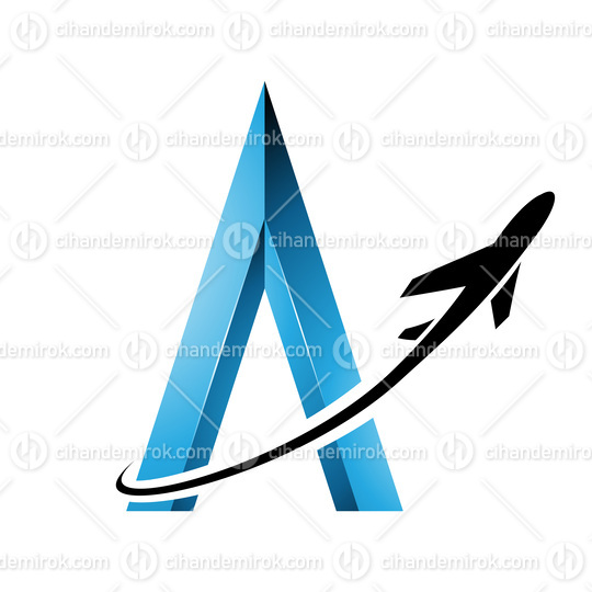 Black Airplane Flying Around a Blue Embossed Letter A