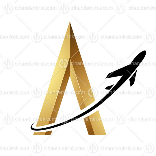 Black Airplane Flying Around a Golden Embossed Letter A