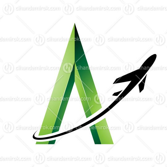 Black Airplane Flying Around a Green Embossed Letter A