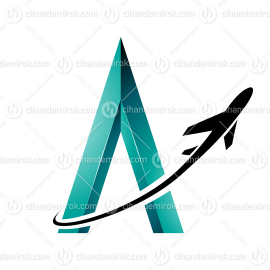 Black Airplane Flying Around a Persian Green Embossed Letter A